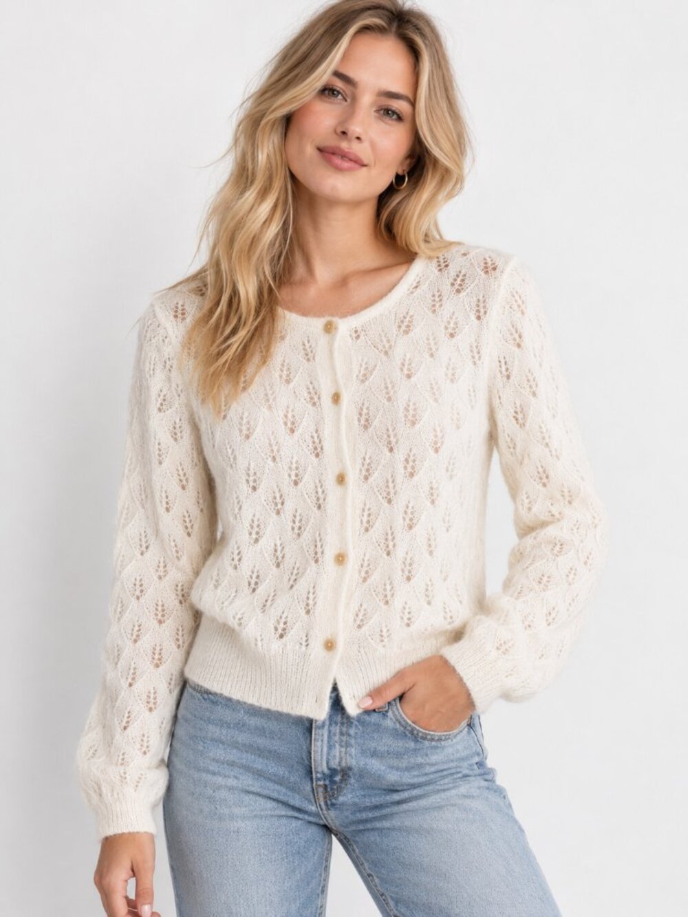 Vintage Ellen Tracy Made in USA Mohair Blend Crochet Cardigan L